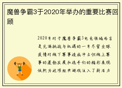 魔兽争霸3于2020年举办的重要比赛回顾
