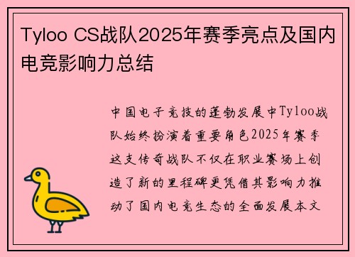 Tyloo CS战队2025年赛季亮点及国内电竞影响力总结